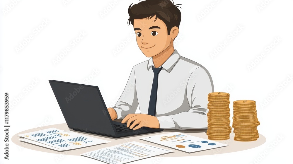 Successful Businessman Working on Laptop Financial Reports Stacks of Coins Successful Businessman Working on Laptop Financial Reports Stacks of Coins
