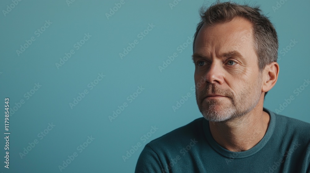 Fototapeta premium Thoughtful Man on Blue Background Space