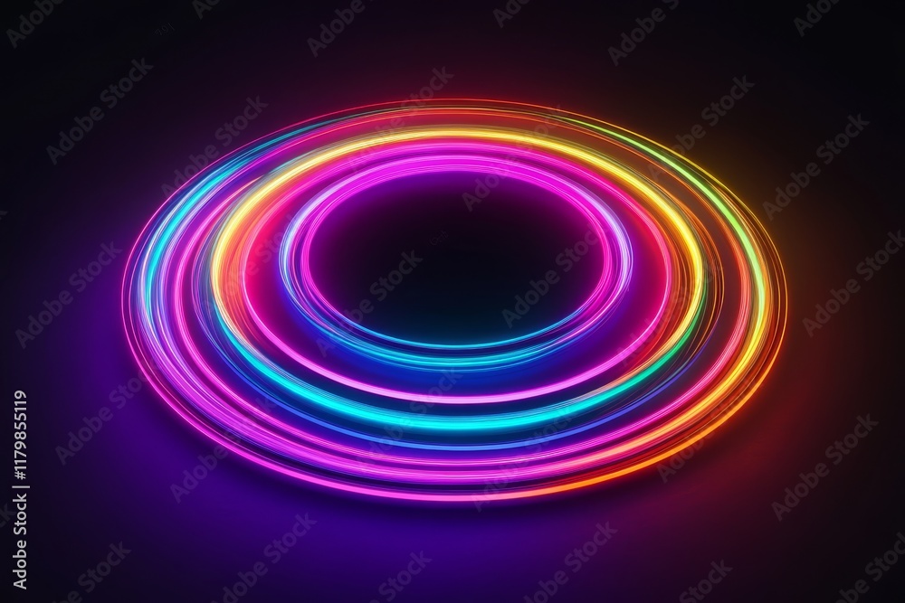 Naklejka premium Vibrant, concentric neon rings radiate a stunning glow in the dark, creating an enchanting and mesmerizing circular light display that features a captivating and hypnotic pattern that draws your gaze