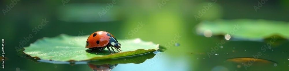 Naklejka premium Ladybug on a leaf floating on serene lake surface, peaceful, insect, water