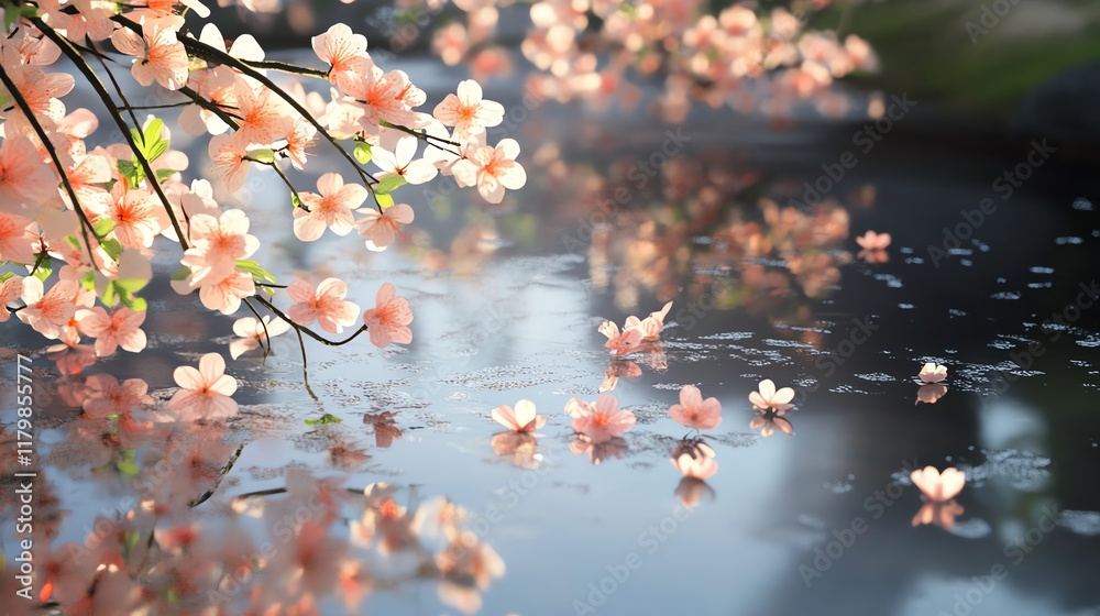 Fototapeta premium Serene water scene adorned with delicate cherry blossoms reflecting on the surface.