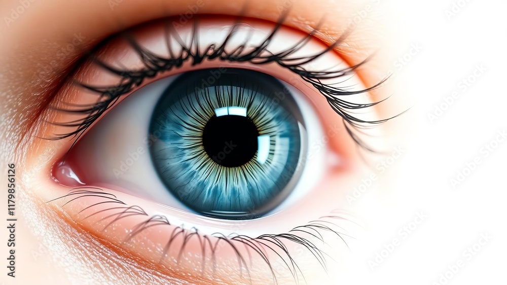 Fototapeta premium Realistic human eyeball with intricate details of blue iris set against a white background, accented by a soft shadow, realistic, close-up, eye