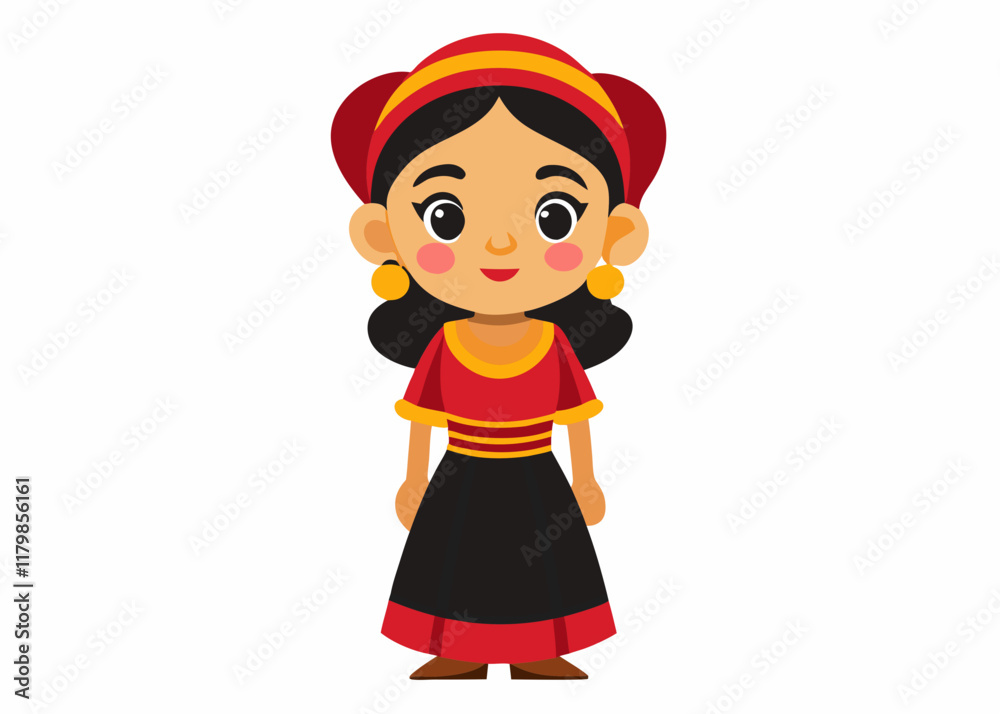 Cartoon Character of a Young Woman in Traditional Mexican Attire – Colorful Cultural Illustration Cartoon Character of a Young Woman in Traditional Mexican Attire – Colorful Cultural Illustration