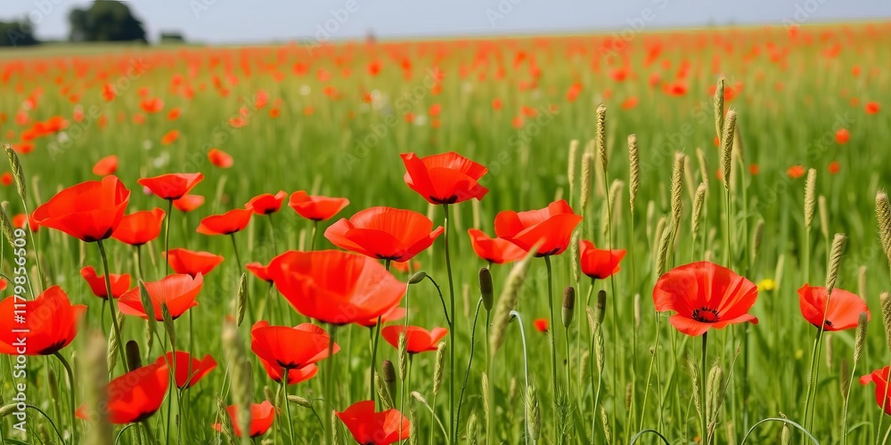 Red poppies (Papaver rhoeas) scattered throughout a lush barley field in Hesse, Germany, creating a vibrant contrast of colors, agricultural, red poppies, summer Red poppies (Papaver rhoeas) scattered throughout a lush barley field in Hesse, Germany, creating a vibrant contrast of colors, agricultural, red poppies, summer