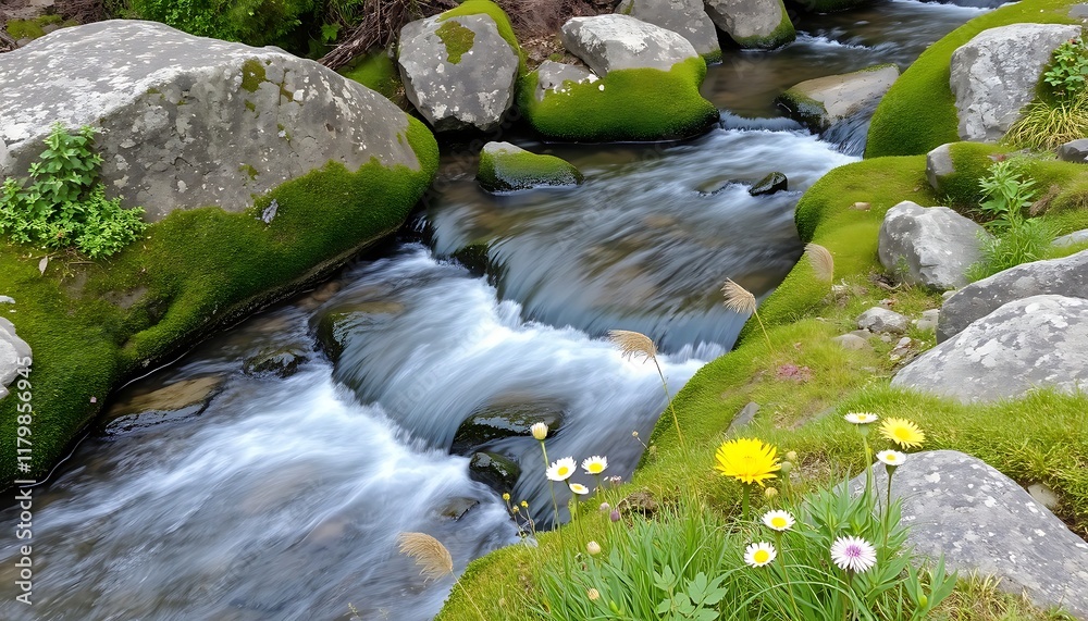 Moss Covered Rocks Serene Stream Flowers Cascading Water Nature Scene Moss Covered Rocks Serene Stream Flowers Cascading Water Nature Scene