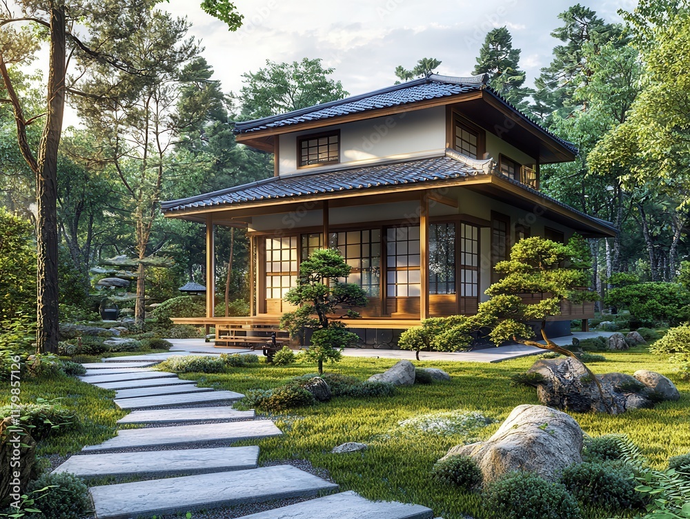 Zen inspired home design tranquil garden setting architecture serene environment aesthetic perspective Zen inspired home design tranquil garden setting architecture serene environment aesthetic perspective