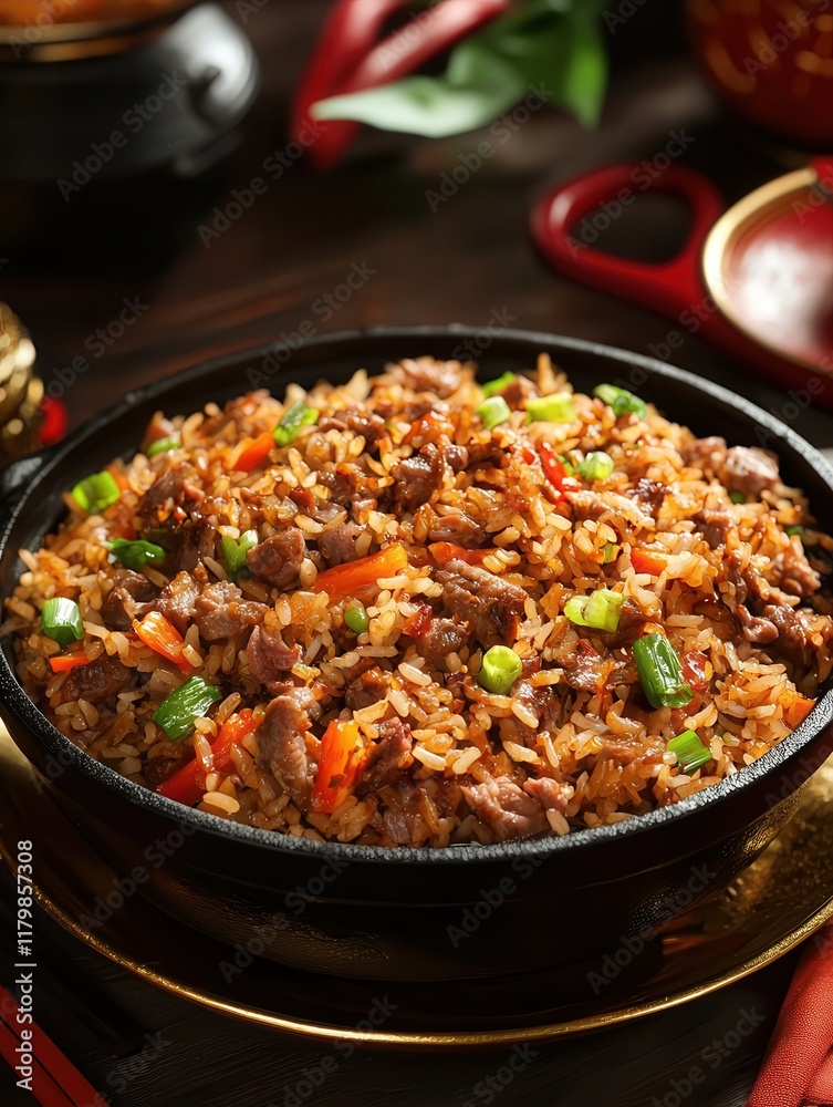 Festive lunar new year celebration featuring delicious claypot rice with preserved meats home kitchen food warm atmosphere Festive lunar new year celebration featuring delicious claypot rice with preserved meats home kitchen food warm atmosphere