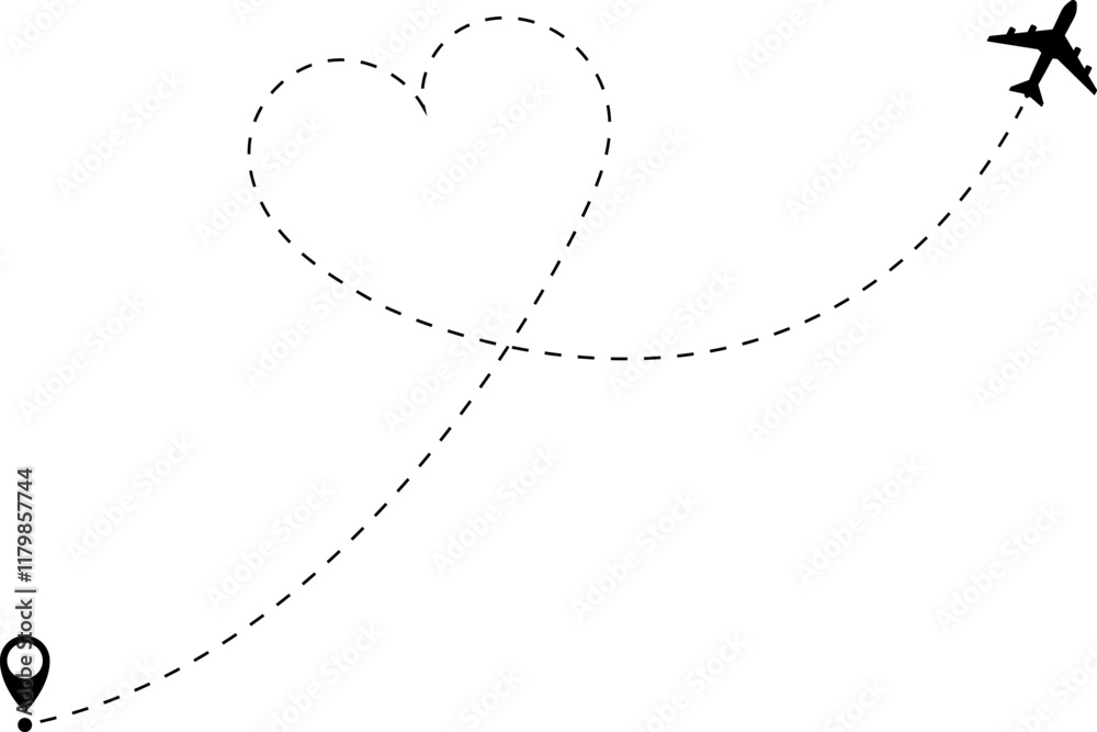 Airplane line path vector icon of air plane flight route with start point and dash dotted line trace. Love travel route. Airplane routes. Travel vector icon. Airplane line path vector icon of air plane flight route with start point and dash dotted line trace. Love travel route. Airplane routes. Travel vector icon.