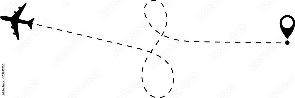 Airplane line path vector icon of air plane flight route with start point and dash dotted line trace. Love travel route. Airplane routes. Travel vector icon. Airplane line path vector icon of air plane flight route with start point and dash dotted line trace. Love travel route. Airplane routes. Travel vector icon.