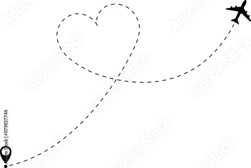 Airplane line path vector icon of air plane flight route with start point and dash dotted line trace. Love travel route. Airplane routes. Travel vector icon.