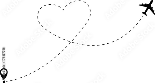 Airplane line path vector icon of air plane flight route with start point and dash dotted line trace. Love travel route. Airplane routes. Travel vector icon.