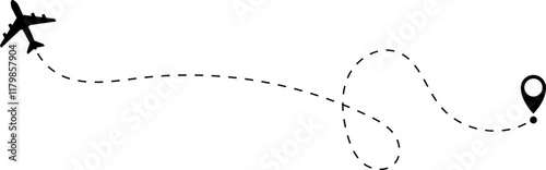 Airplane line path vector icon of air plane flight route with start point and dash dotted line trace. Love travel route. Airplane routes. Travel vector icon.