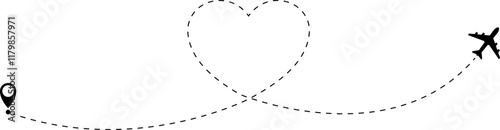 Airplane line path vector icon of air plane flight route with start point and dash dotted line trace. Love travel route. Airplane routes. Travel vector icon.