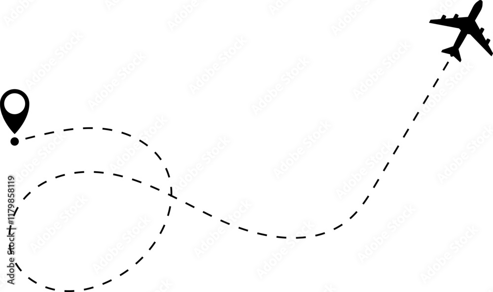 Airplane line path vector icon of air plane flight route with start point and dash dotted line trace. Love travel route. Airplane routes. Travel vector icon.
