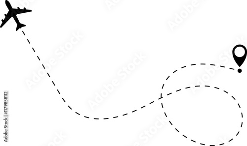 Airplane line path vector icon of air plane flight route with start point and dash dotted line trace. Love travel route. Airplane routes. Travel vector icon.