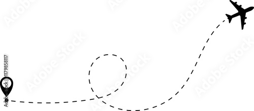 Airplane line path vector icon of air plane flight route with start point and dash dotted line trace. Love travel route. Airplane routes. Travel vector icon.