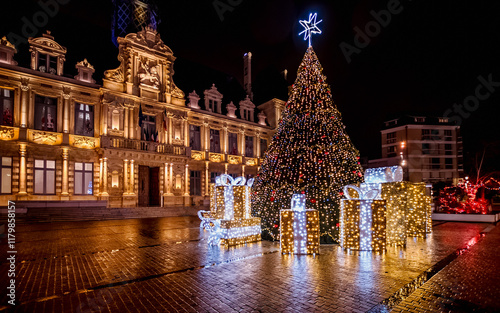 Christmas tree in front of Reims town hall at night