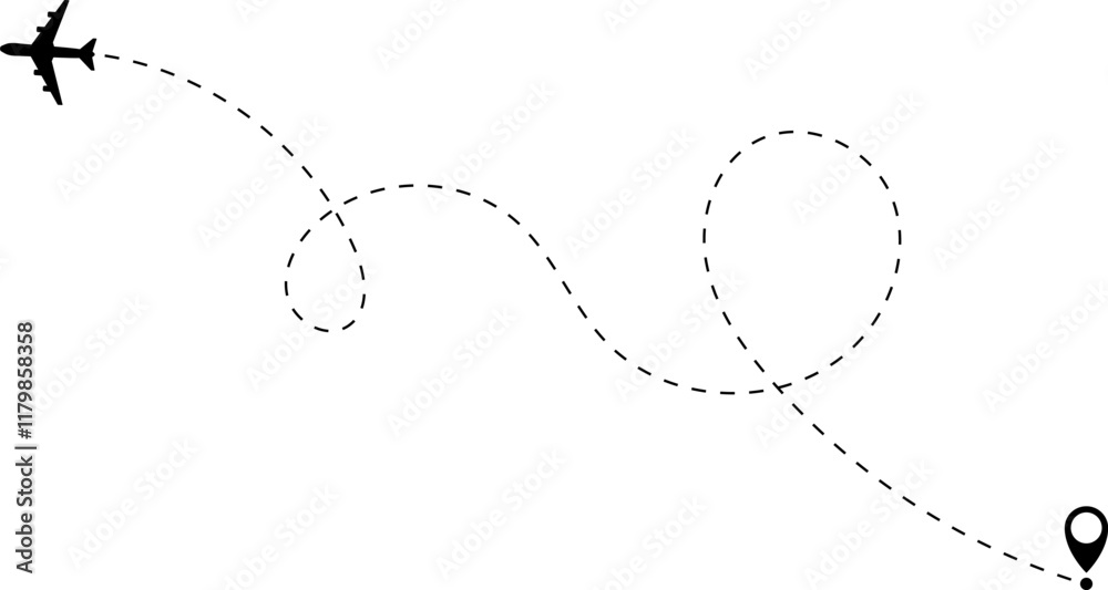 Airplane line path vector icon of air plane flight route with start point and dash dotted line trace. Love travel route. Airplane routes. Travel vector icon. Airplane line path vector icon of air plane flight route with start point and dash dotted line trace. Love travel route. Airplane routes. Travel vector icon.