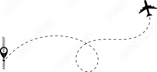 Airplane line path vector icon of air plane flight route with start point and dash dotted line trace. Love travel route. Airplane routes. Travel vector icon.