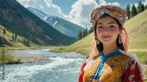 Young traditional kyrgyz woman standing on mountain river bank on summer day photo