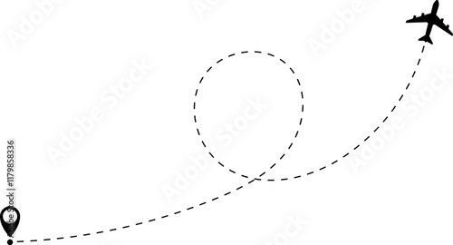 Airplane line path vector icon of air plane flight route with start point and dash dotted line trace. Love travel route. Airplane routes. Travel vector icon.