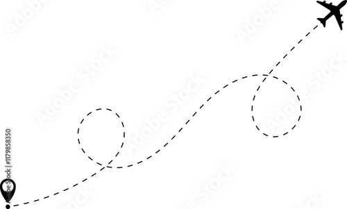 Airplane line path vector icon of air plane flight route with start point and dash dotted line trace. Love travel route. Airplane routes. Travel vector icon.