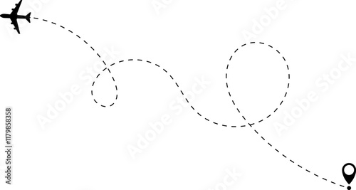 Airplane line path vector icon of air plane flight route with start point and dash dotted line trace. Love travel route. Airplane routes. Travel vector icon.