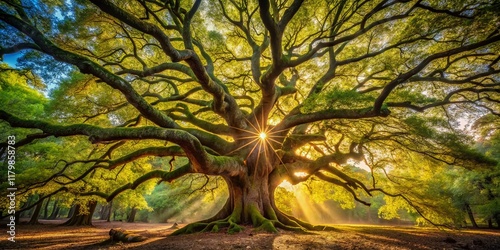 Majestic Sherwood Forest: Ancient Oak Tree, Sunlit Canopy, Mystical Atmosphere