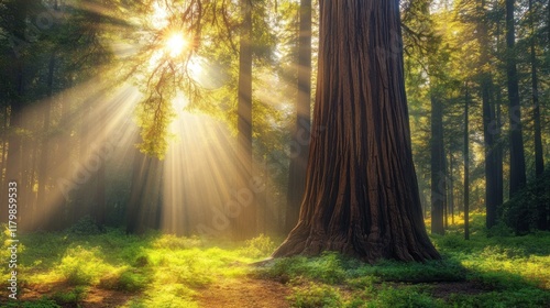 Sunlight streams through redwood forest, illuminating a massive tree trunk. photo