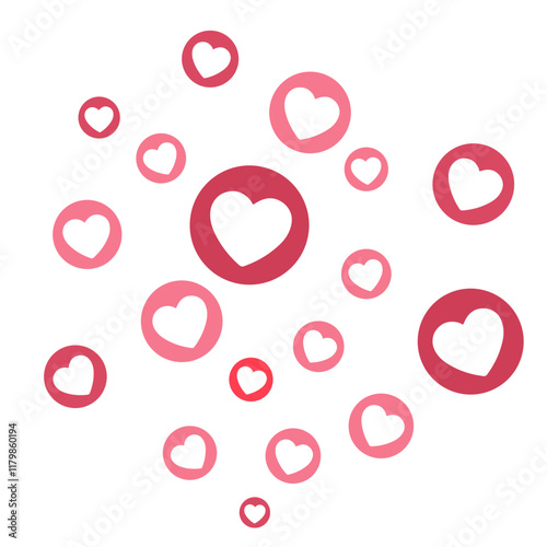 Colorful heart shapes, red and pink, floating in various sizes, minimal design in cute vector style for Valentine's Day, romance, affection and love concepts, isolated icon on white background.