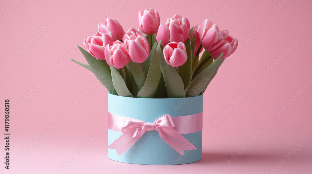 Obraz premium Mother's Day decorations concept. Top view photo of blue giftbox with ribbon bow and bouquet of pink tulips on isolated pastel pink background with copyspace