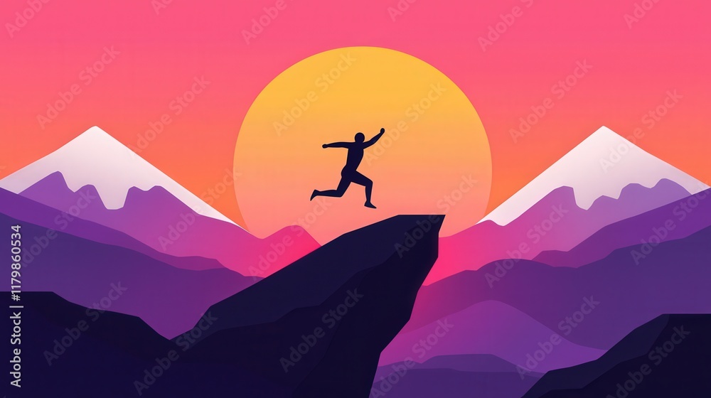 Fototapeta premium Energetic silhouette of a person jumping off a rock with majestic mountains and a vibrant sunset in the background