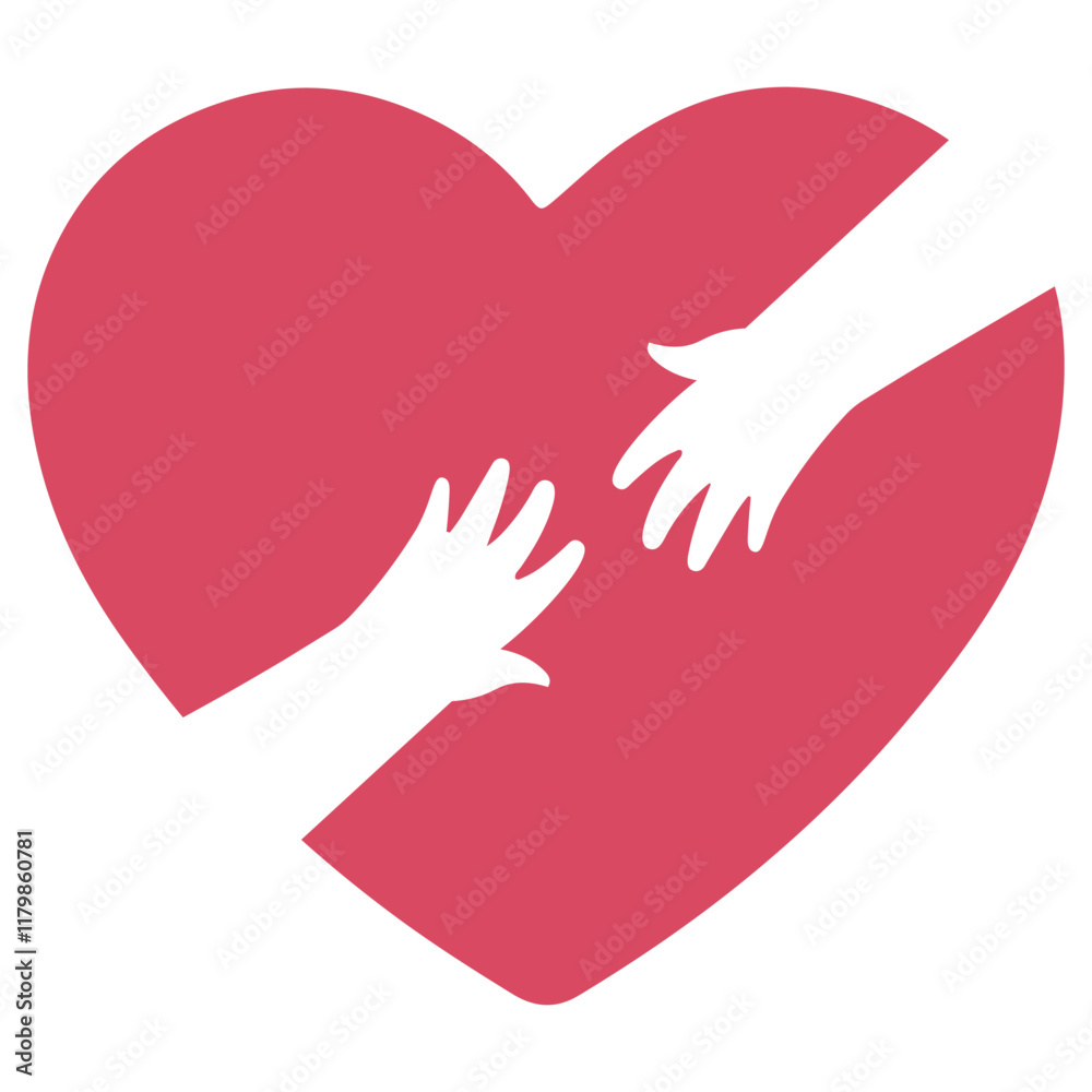 hands reaching towards each other inside a red heart,symbolizing love,connection, and unity,minimal design in cute vector style for Valentine's Day,affection concepts,isolated icon on white background hands reaching towards each other inside a red heart,symbolizing love,connection, and unity,minimal design in cute vector style for Valentine's Day,affection concepts,isolated icon on white background