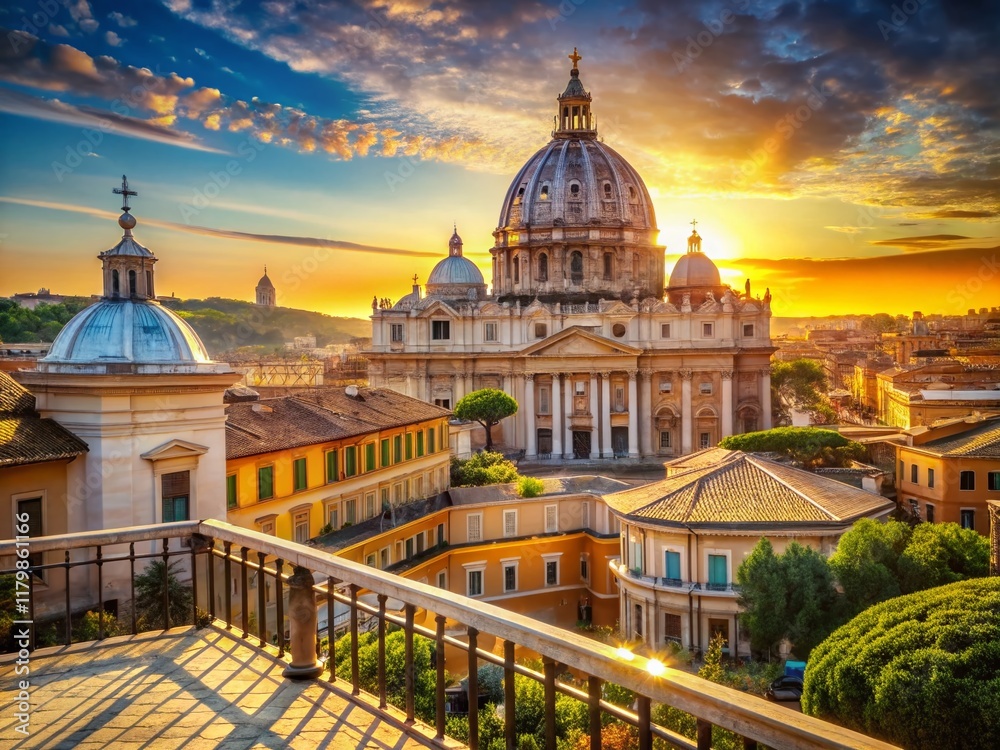 Fototapeta premium Majestic St. Peter's Basilica Viewed from a Roman Balcony: Panoramic Architectural Photography