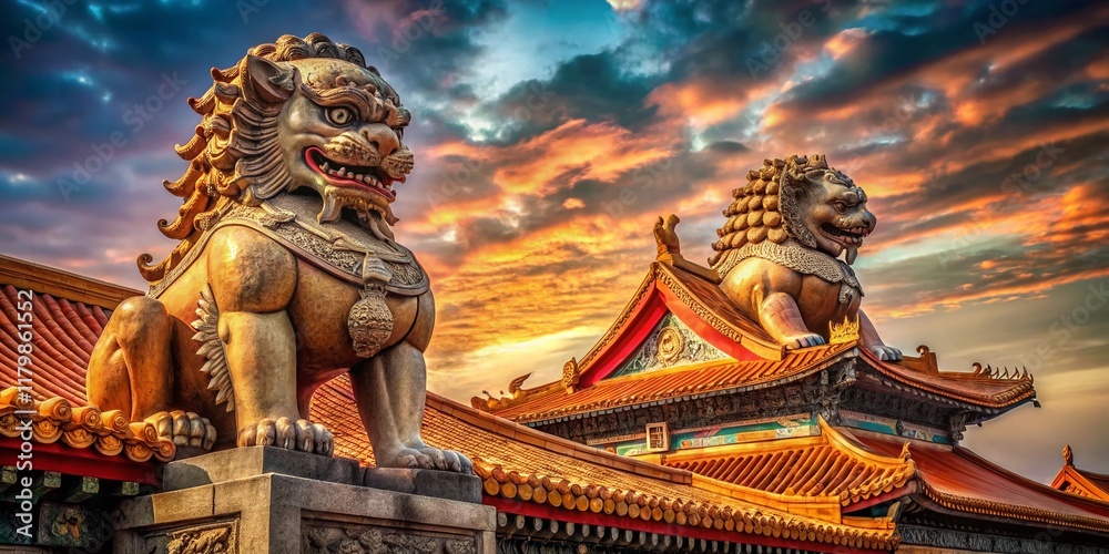 Obraz premium Majestic Stone Lions Guarding Ancient Palace Roof - Imperial China Architecture