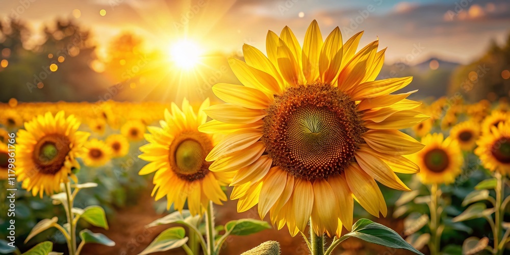 Majestic Sunflowers Field with Bokeh, Vibrant Yellow Blooms, Summer Nature Photography Majestic Sunflowers Field with Bokeh, Vibrant Yellow Blooms, Summer Nature Photography