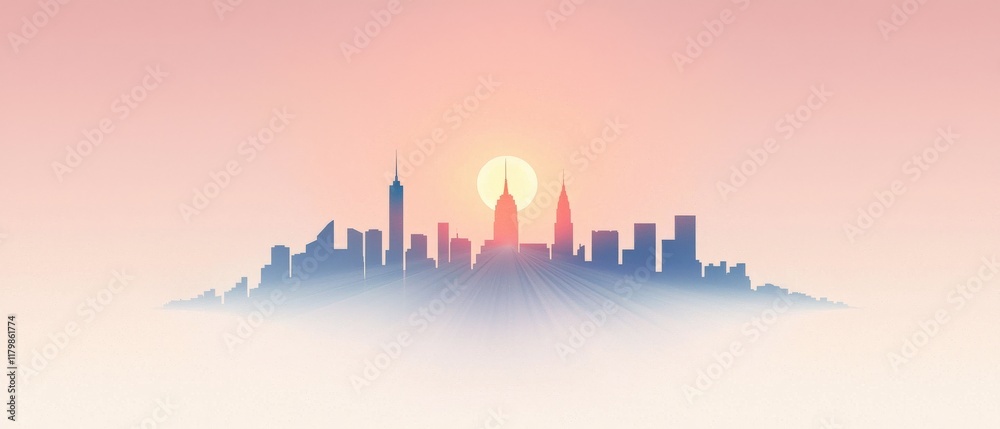 Fototapeta premium Silhouette of a City Skyline at Sunrise with Soft Pink and Orange Sky for Urban, Travel, and Nature Themes