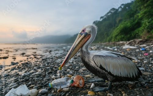 A pelican standing near a polluted shoreline