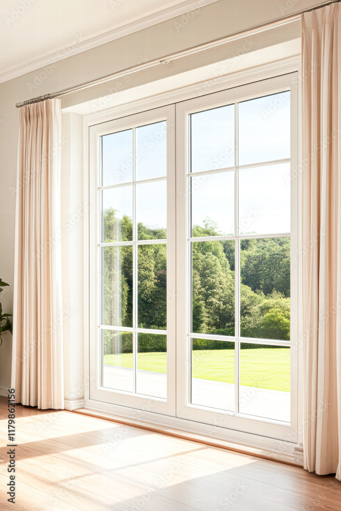 Fototapeta premium Bright and airy living room with large windows home interior design modern natural light tranquility