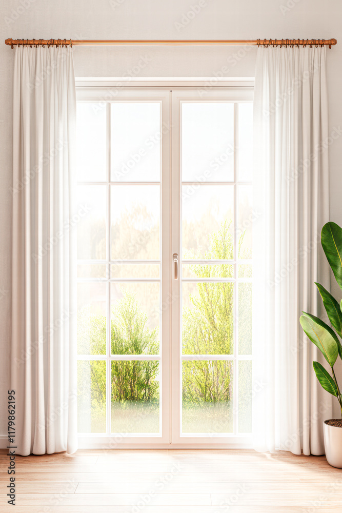 Fototapeta premium Sunlit window view with greenery modern home interior design bright atmosphere indoor perspective