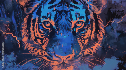 Grunge illustration of a calm tiger face staring at the camera in blue, lightning, streetwear style. photo