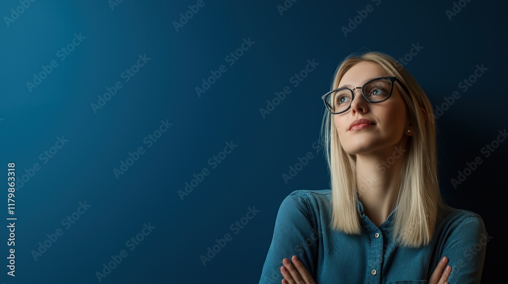 Thoughtful Young Woman in Blue Background Thoughtful Young Woman in Blue Background
