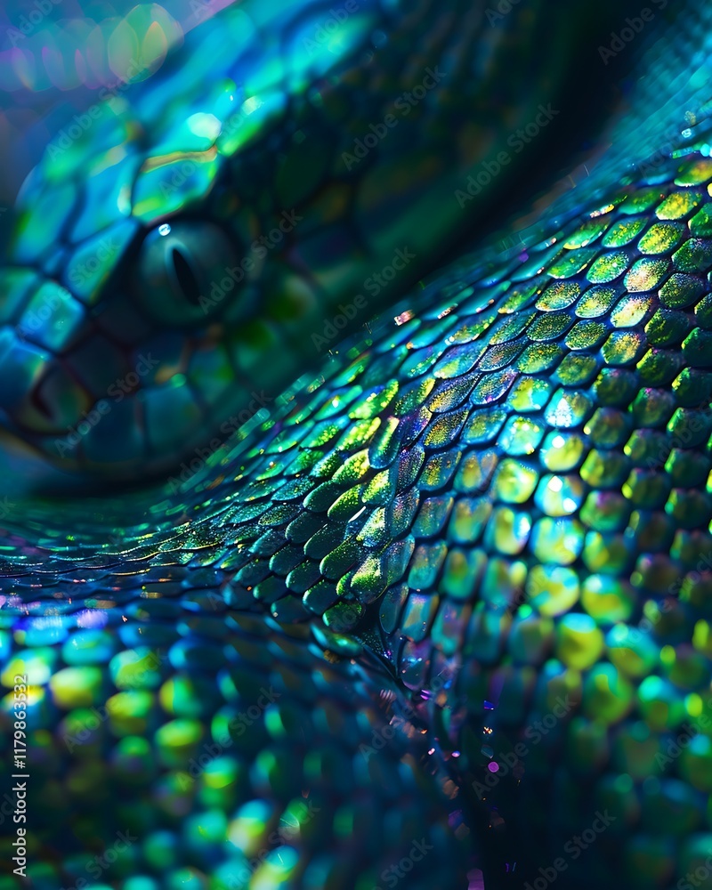 Obraz premium Green Snake Scales Iridescent Texture Close Up