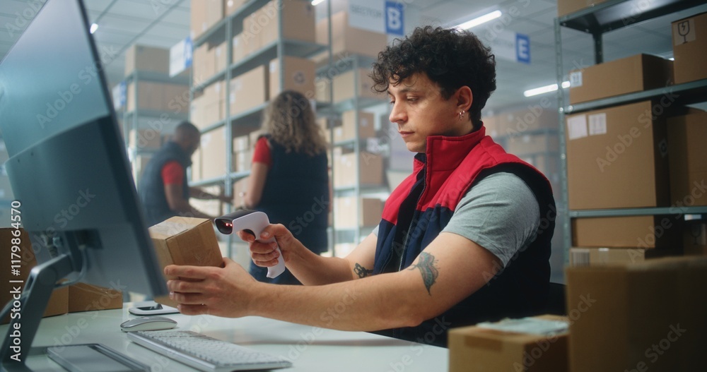 Slow motion of inventory manager scanning parcel with barcode scanner, preparing for shipping to customer, working on computer. Warehouse employees carrying boxes. E-commerce store or postal service. Slow motion of inventory manager scanning parcel with barcode scanner, preparing for shipping to customer, working on computer. Warehouse employees carrying boxes. E-commerce store or postal service.