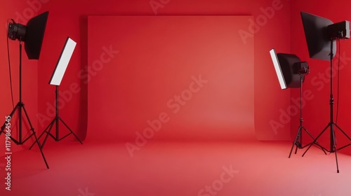 Red Studio Backdrop with Professional Lighting Equipment Ready for a Photoshoot photo