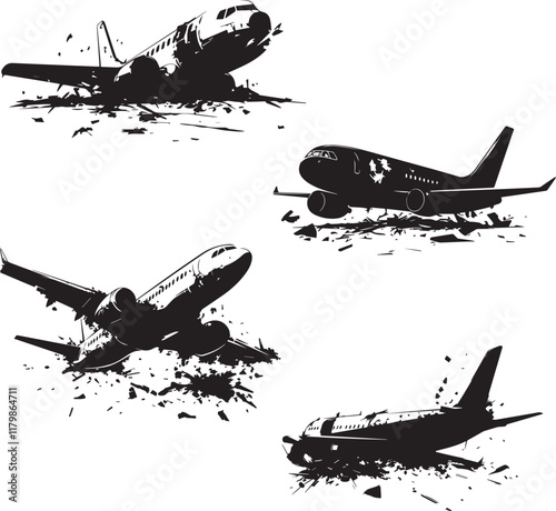 Airplanes Crashed silhouette vector icons