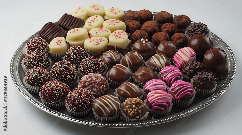 Chocolate bonbons in various shapes and colors arranged on a platter Chocolate bonbons in various shapes and colors arranged on a platter