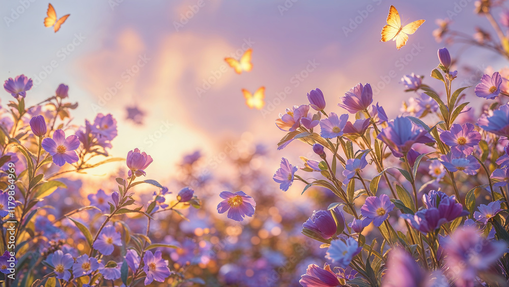 Obraz premium Butterflies flying over blooming purple flowers at sunset