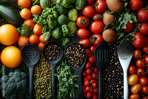 Vibrant assortment of fresh fruits, vegetables, and spices arranged on a dark surface, ready for culinary creation. A healthy and colorful food compos photo