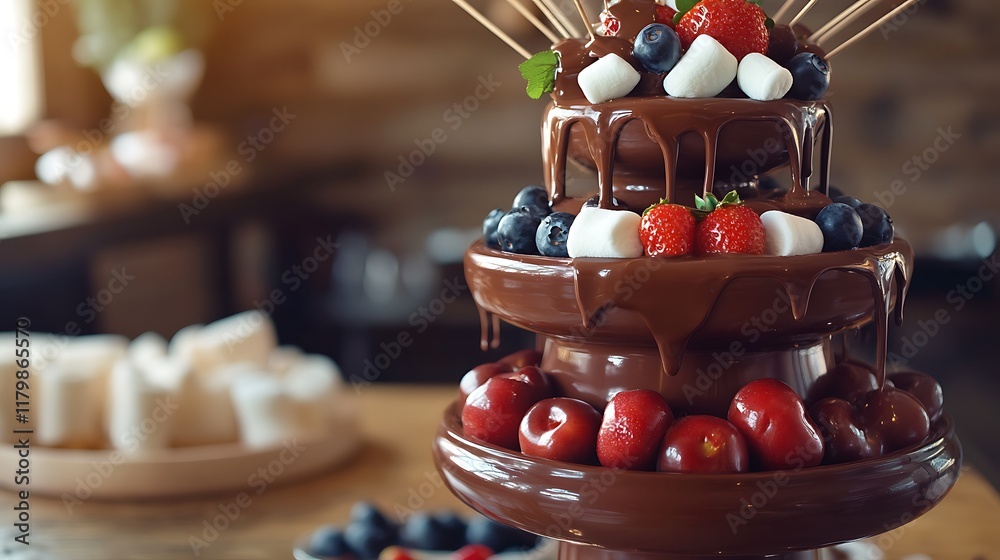 A chocolate fountain with skewers of fruit and marshmallows nearby